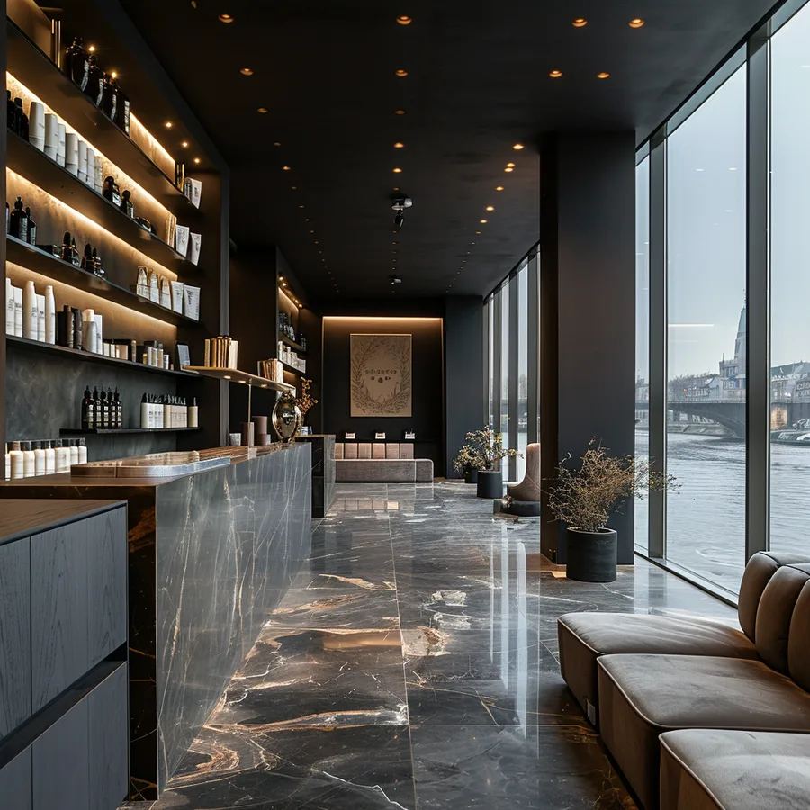 Render: salon design option with alternative layout showing treatment stations, warm indirect lighting, and sophisticated material palette