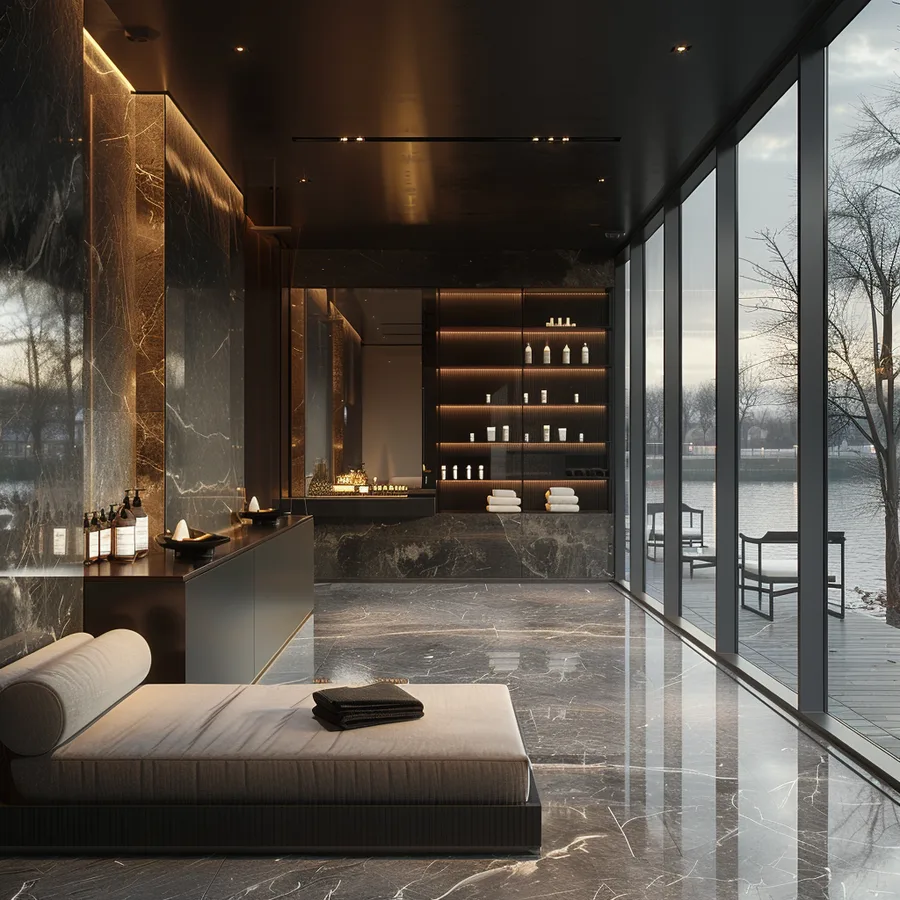 Render: beauty salon atmosphere concept with dark luxurious mood, premium pendant fixtures, and textured wall treatments