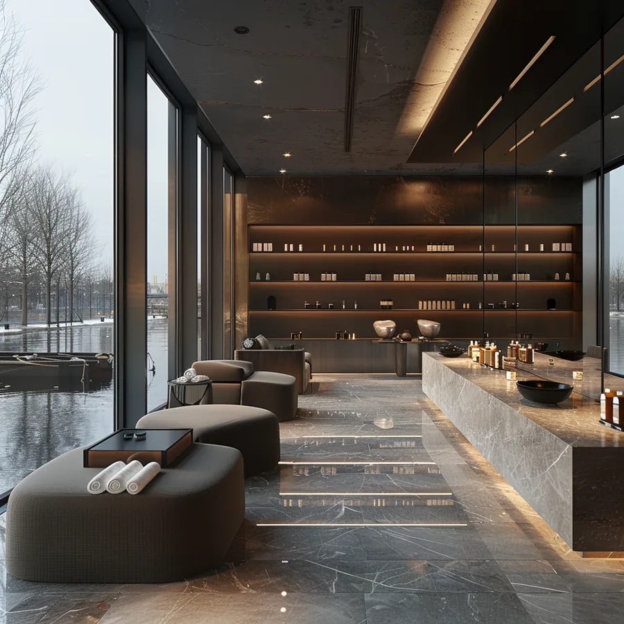 Render: treatment room concept with warm spa-like ambiance, soft diffused ceiling lighting, and calming earth-tone finishes