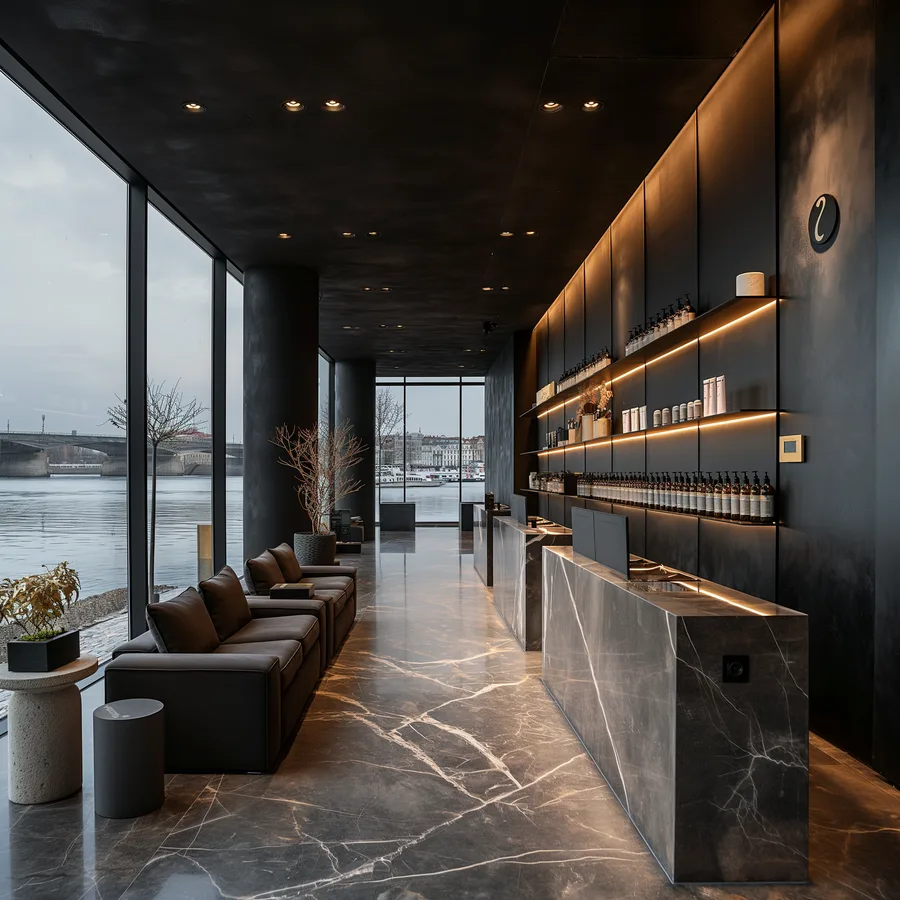 Render: beauty salon reception concept with branded display wall, premium graphite finishes, and warm atmospheric lighting throughout