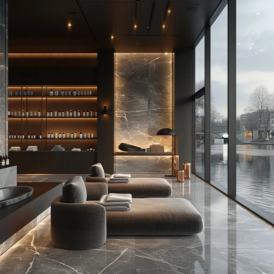Render: upper floor treatment corridor concept with massage room entrances, suspended ceiling, and consistent graphite wall paint