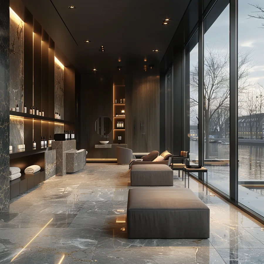 Render: salon concept showing manicure station detail with window-side positioning and natural daylight from curtain-wall glazing