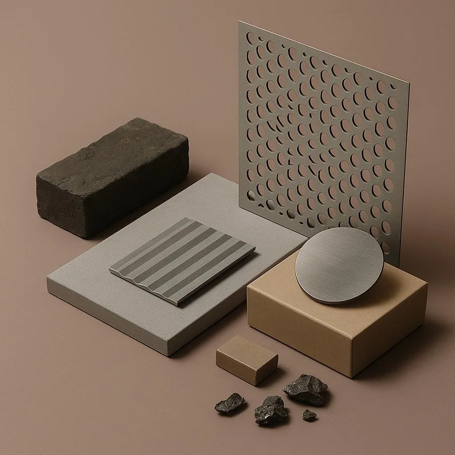 Material palette flatlay showing ZAHAR component samples including UHPC blocks, corrugated metal, perforated CNC screen, and stone aggregates
