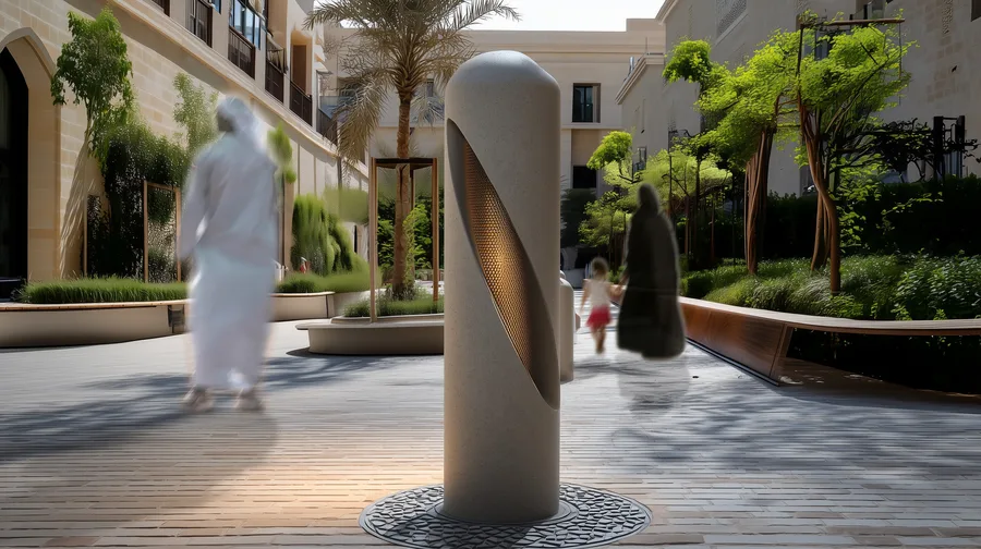 Residential zone render showing ZAHAR bench and lamp post elements with warm bronze CNC metal skins and tree-lined neighborhood street