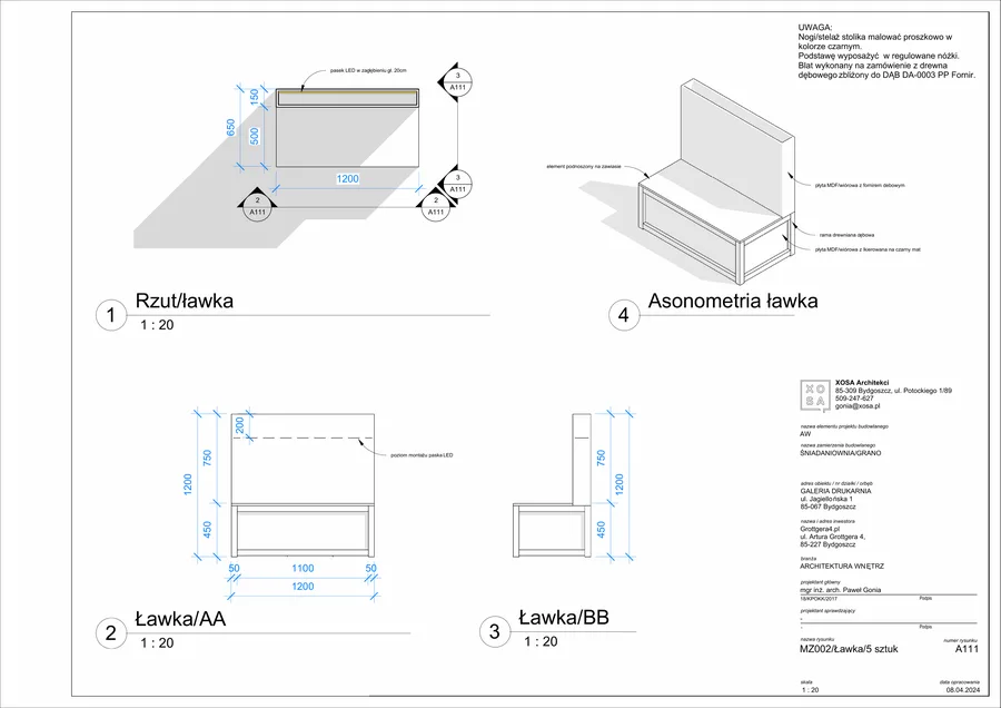 Detail: kitchen technology plan showing commercial kitchen equipment layout with power load annotations, gas connections, water supply points, and drainage specifications
