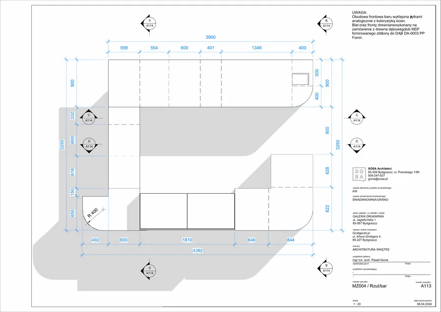 Detail: dining room material finish specification showing floor tile selection, wall treatment options, and ceiling system detail for restaurant front-of-house area