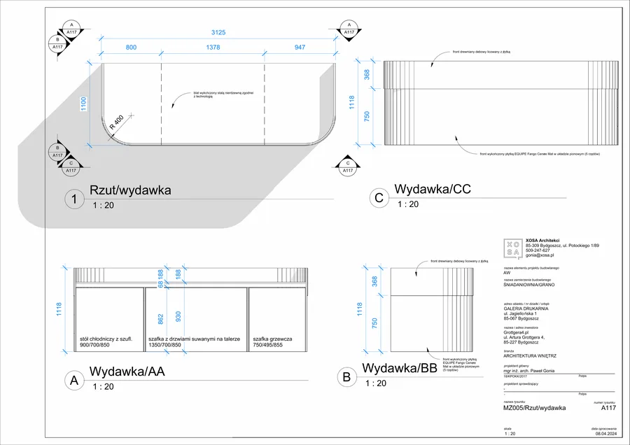 Detail: bar area equipment layout showing coffee machine, beverage taps, refrigeration units, and power supply specifications for countertop service equipment zone
