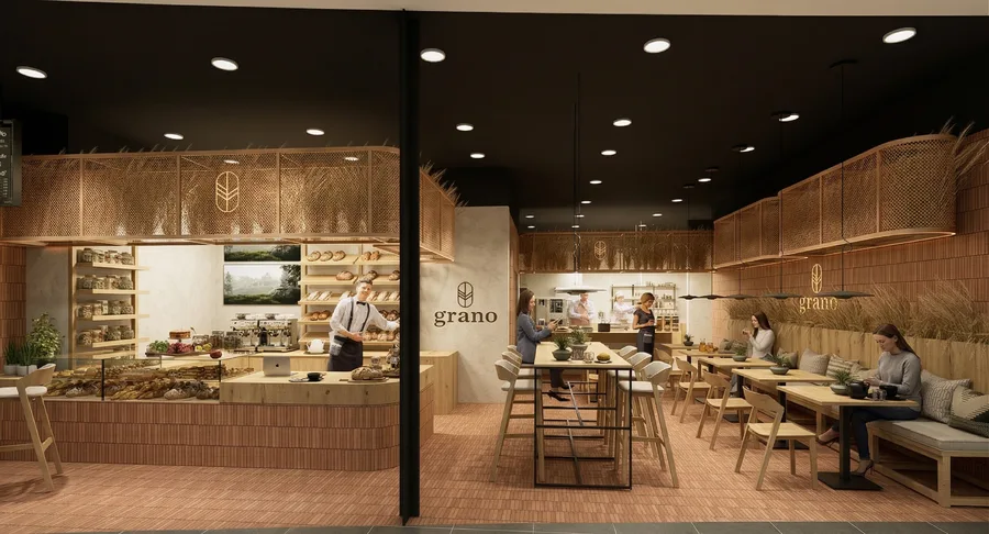 Interior: overall restaurant layout render of Grano Bistro ground floor space within Drukarnia shopping mall showing dining room, bar counter area, and kitchen service zone