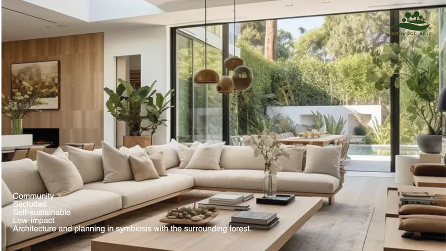 Render: villa interior with double-height living space, floor-to-ceiling glazing, natural stone feature wall, and infinity pool view through glass