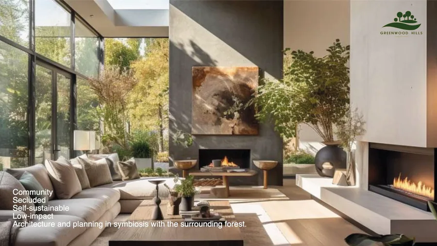 Render: community clubhouse with reception area, lounge seating, natural materials palette, and views into landscaped grounds through glazing