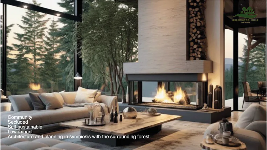 Render: villa bedroom with panoramic window wall, minimalist interior, natural timber ceiling structure, and Bory Tucholskie forest canopy views