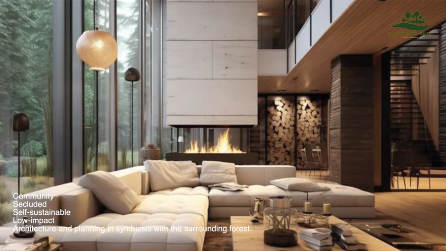 Render: villa kitchen with island counter, premium appliances, natural stone countertop, and open-plan connection to double-height living area