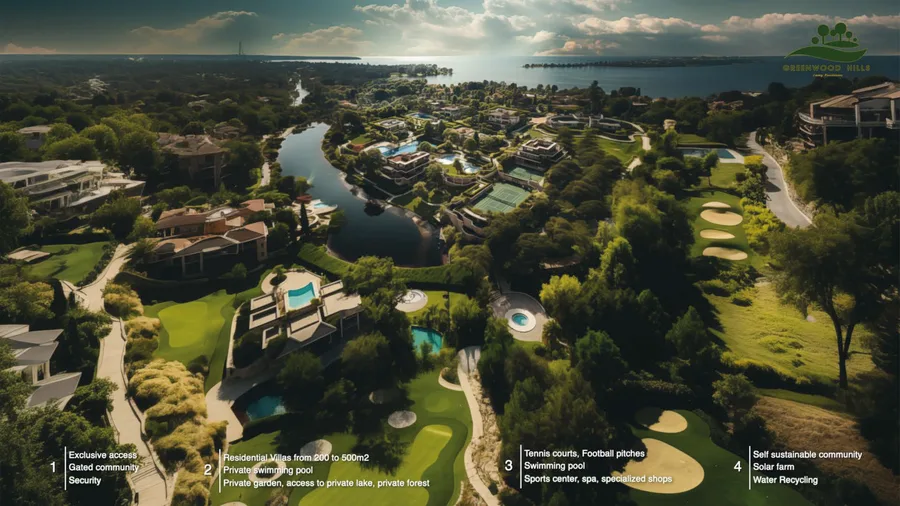 Render: community lifestyle visualization with walking paths through forest, private lake shore access, and villa rooftops nestled among mature trees