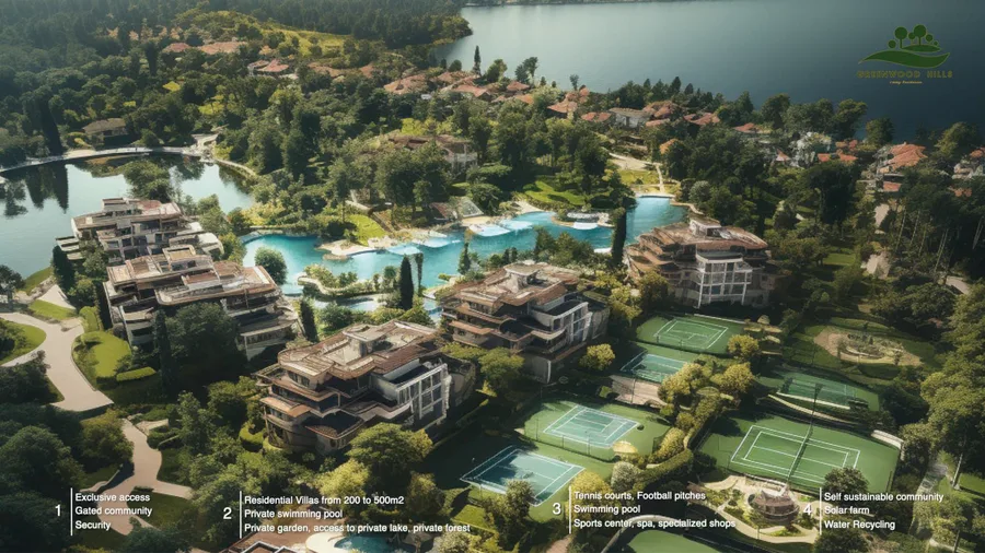Render: sustainability features diagram showing solar farm up to 10 MW, water recycling system, self-sustainable community infrastructure, and green energy