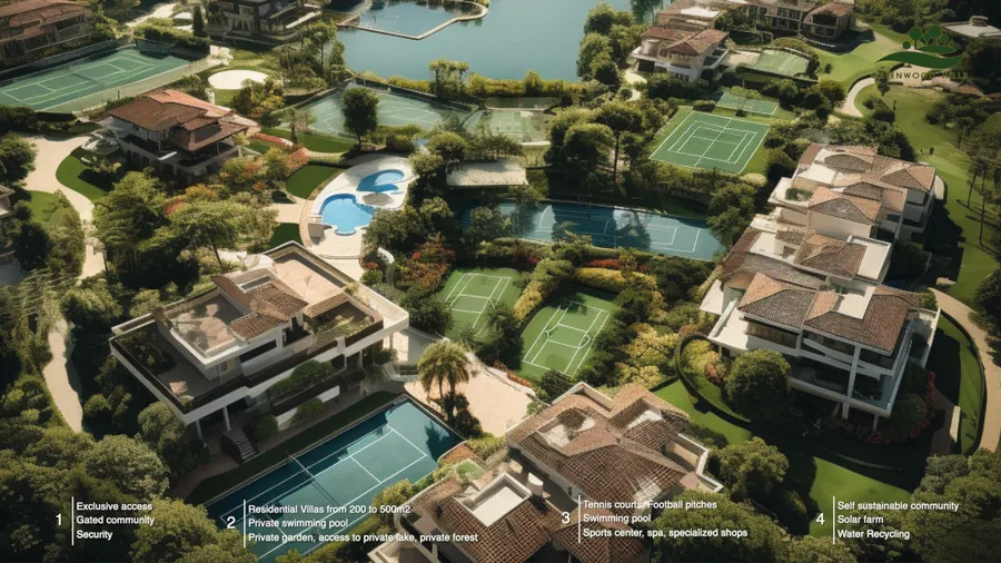 Render: lakefront promenade with pedestrian walkway, seating areas, and villa terraces overlooking the 260-hectare lake at sunset