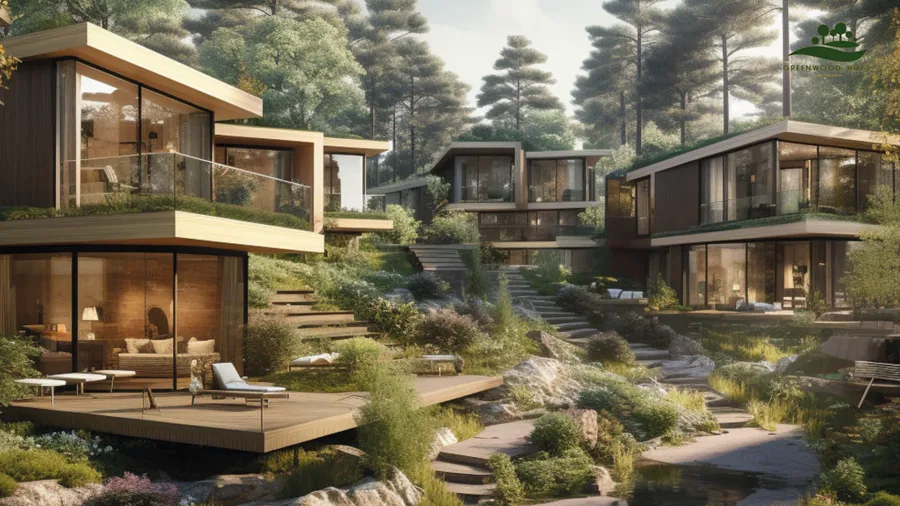 Render: multi-family apartment building with 3-4 storeys, contemporary facade, balconies with forest views, and ground-floor commercial units