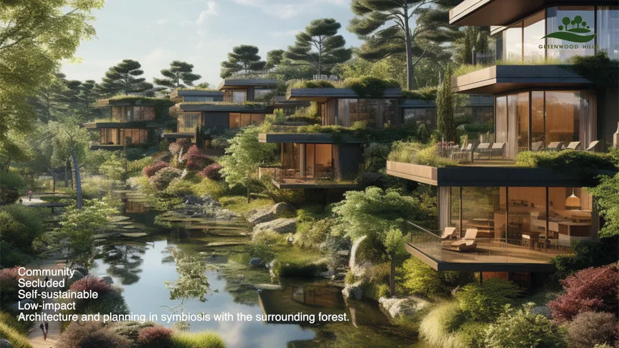 Render: community commercial area with shops, restaurant terraces, and pedestrian plaza serving the residential estate