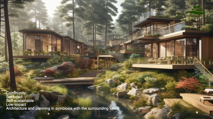 Render: villa street view with contemporary houses, private driveways, mature tree planting, and low-impact road design within the gated community