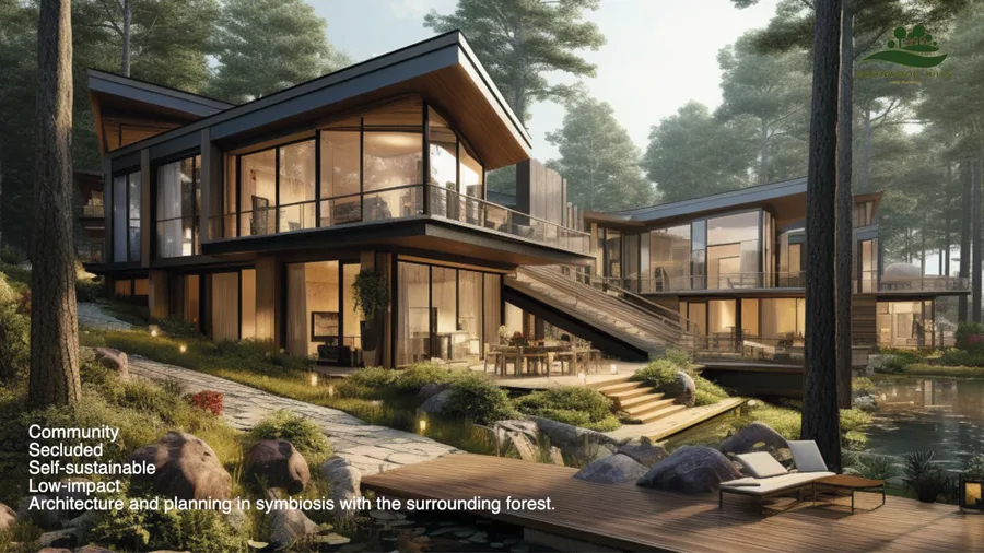 Render: hotel and spa complex within the residential community, with landscaped entrance, covered walkways, and integration into forest setting