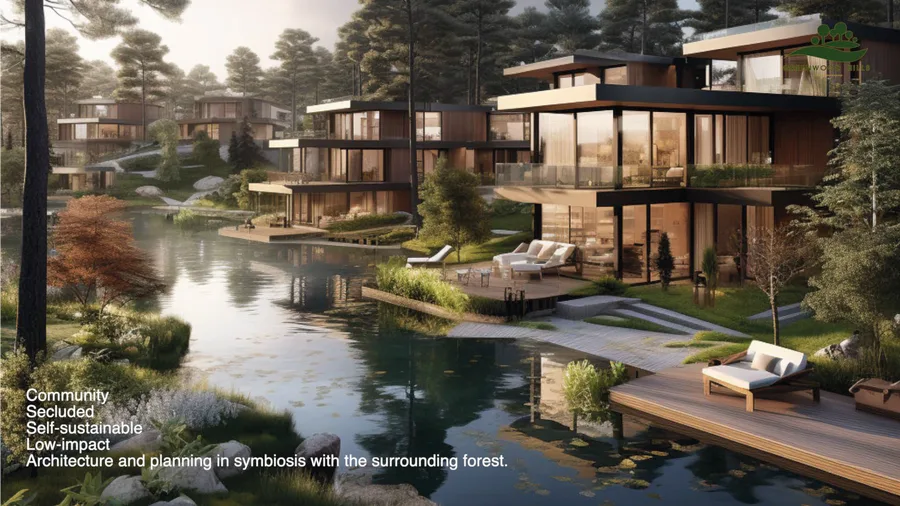 Render: waterfront villa with private jetty, lake access, timber deck, and contemporary architecture framing views across the water