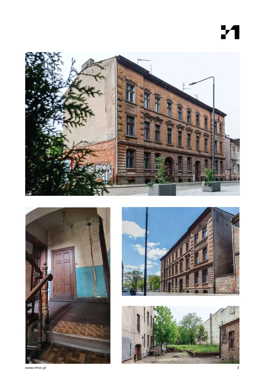 Pre-renovation exterior photo showing the 1898 townhouse in deteriorated condition with worn plaster, damaged window frames, and visible masonry decay