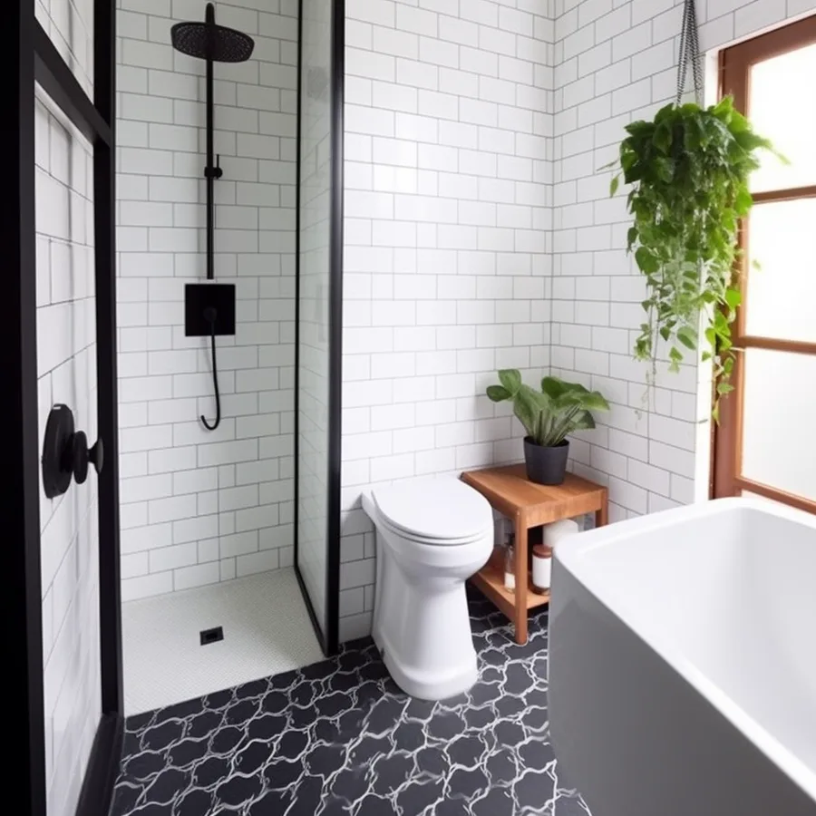 Apartment bathroom concept render with white subway tiles, black-framed shower screen, patterned floor tiles, freestanding bathtub, hanging plants, and timber window