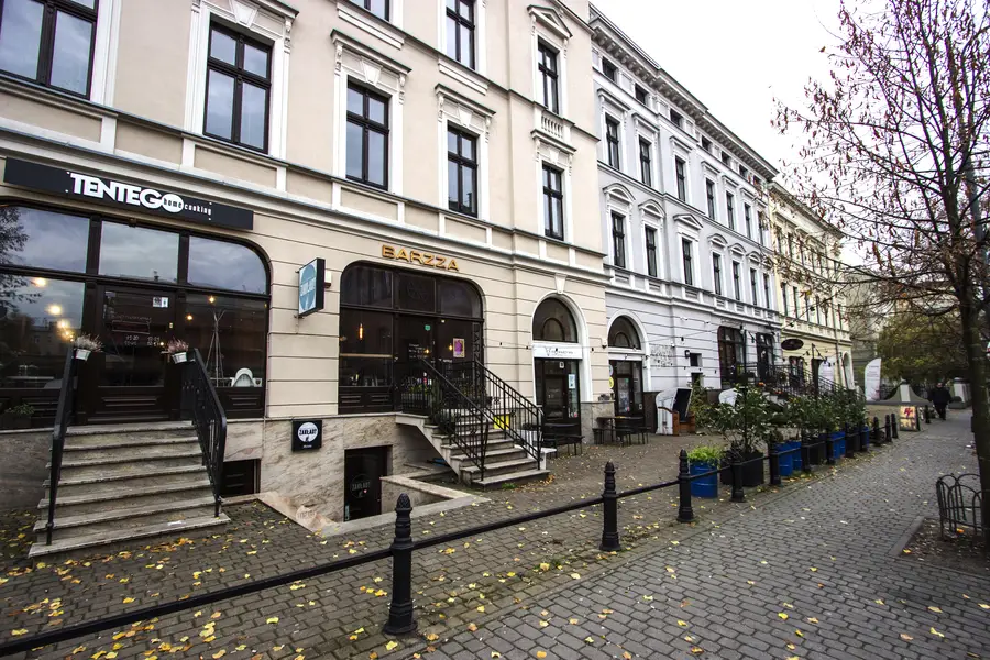 Autumn street with TENTEGO and BARZZA storefronts, iron staircases, bollards, fallen leaves, moody overcast atmosphere