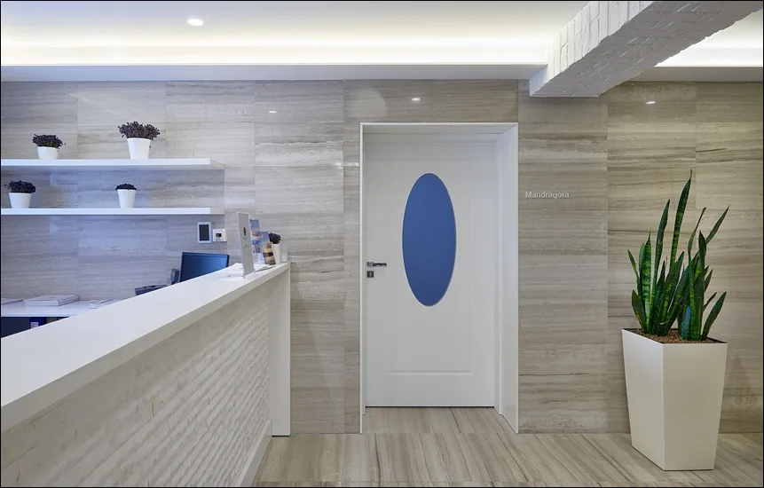 Spa reception area with travertine walls, Mandragora treatment room door, and green plants