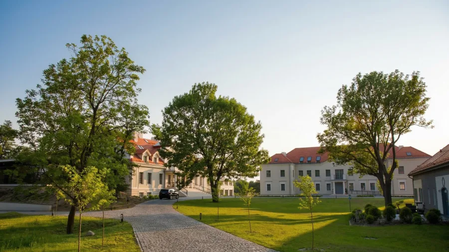 Summer estate panorama with three buildings surrounded by green foliage in golden-hour light