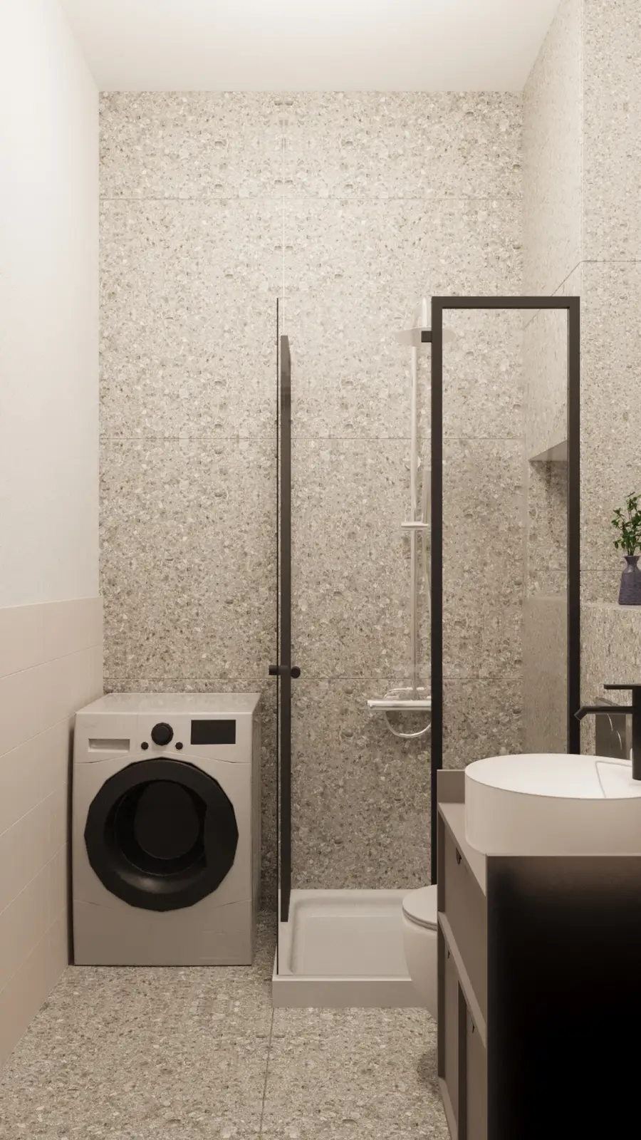 Detail: bathroom render with concrete-effect large-format wall tiles, black rainfall shower fixture, glass partition panel, and wall-hung white sanitaryware