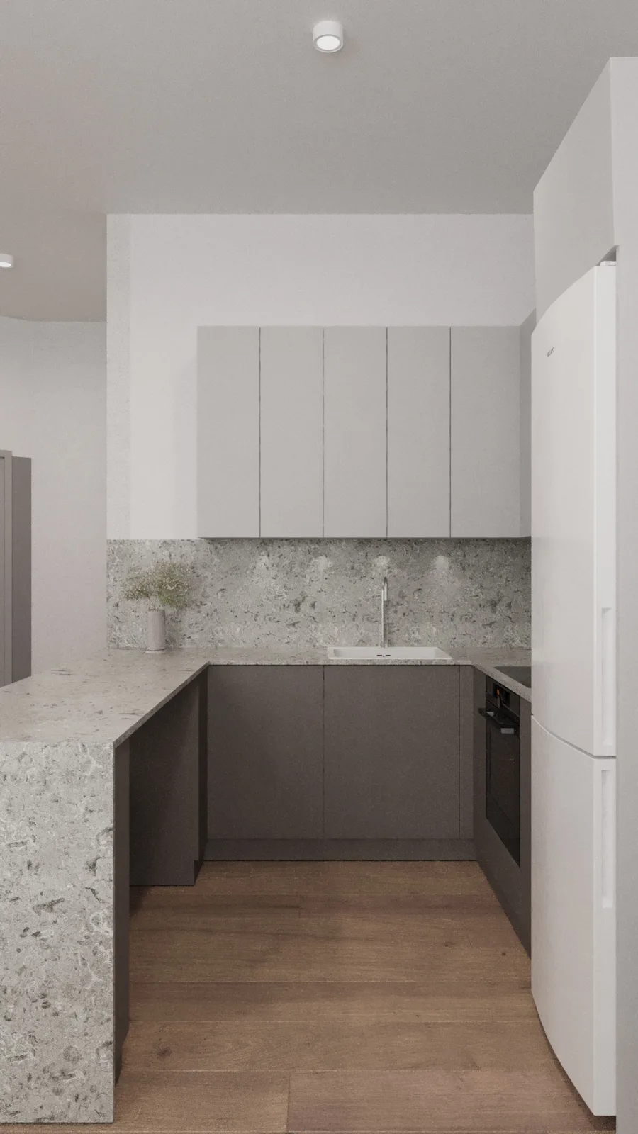 Detail: kitchen countertop render with marble-effect quartz surface, black integrated sink and fixtures, and under-cabinet LED strip lighting