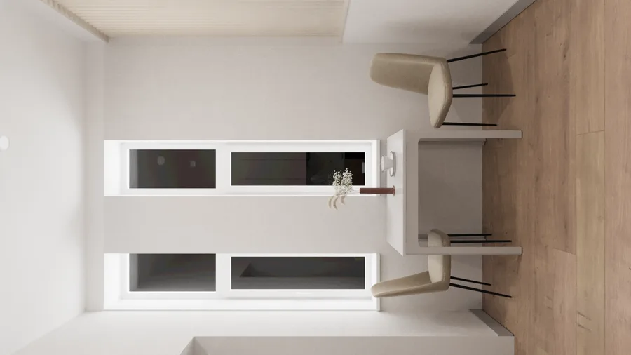 Gallery: kitchen zone with white upper cabinets, dark base units, marble-effect quartz backsplash, and built-in oven and microwave in compact layout