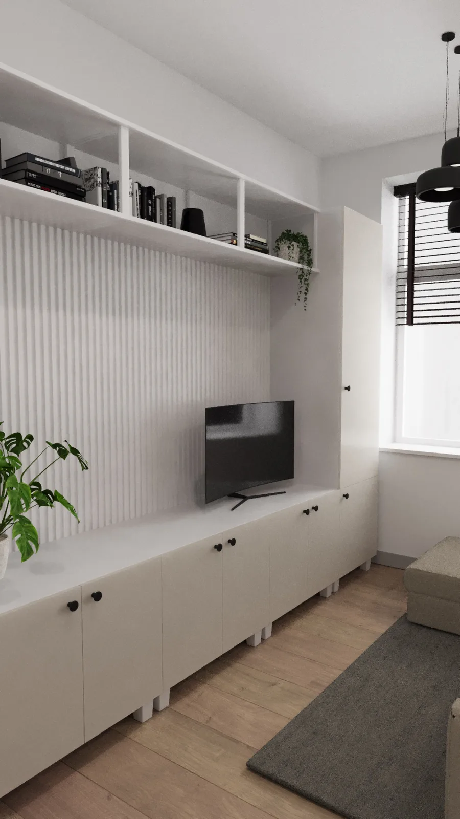 Gallery: living area with beige fabric sofa, round coffee table, TV wall storage unit, and warm downlight spotlighting on white ceiling