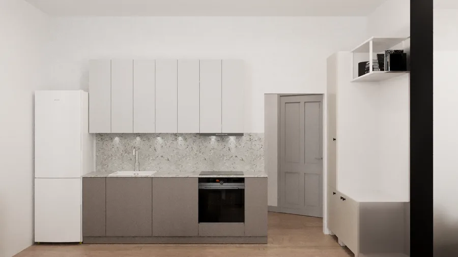 Gallery: apartment entry and kitchen view with coat storage niche, full-height white cabinet, and sightline through to living area beyond