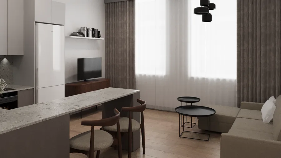 Gallery: alternative studio layout with sofa bed, desk workspace area, and kitchenette with marble-effect breakfast bar counter for compact living