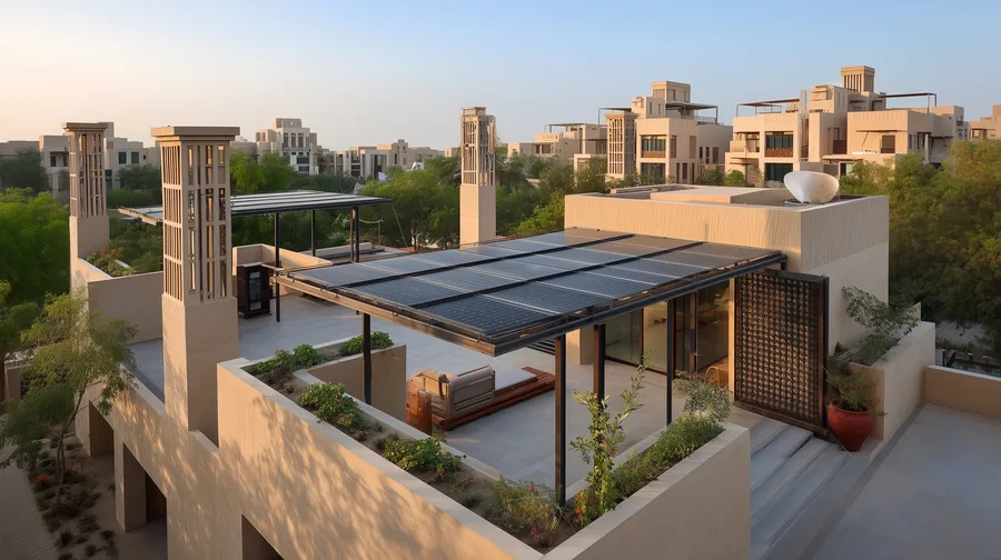 Exterior: aerial rooftop render of Al-Naseem House showing solar panel canopy, dual solar chimneys for passive exhaust draw, rooftop garden, and neighboring Emirati villas with wind towers across UAE plot