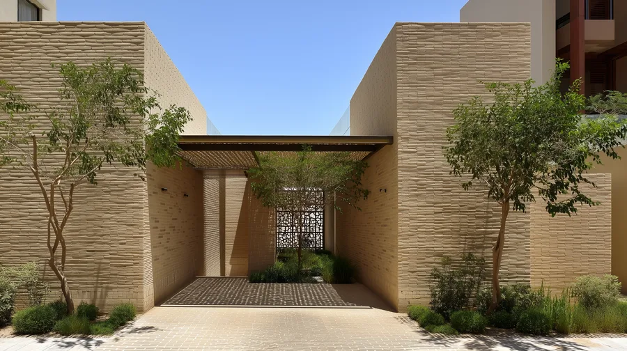 Exterior: street perspective render of Al-Naseem perimeter-massed villa with Al-Mawj ventilated brick tile facade, Mashrabiya-patterned privacy screens, and Emirati residential neighborhood context