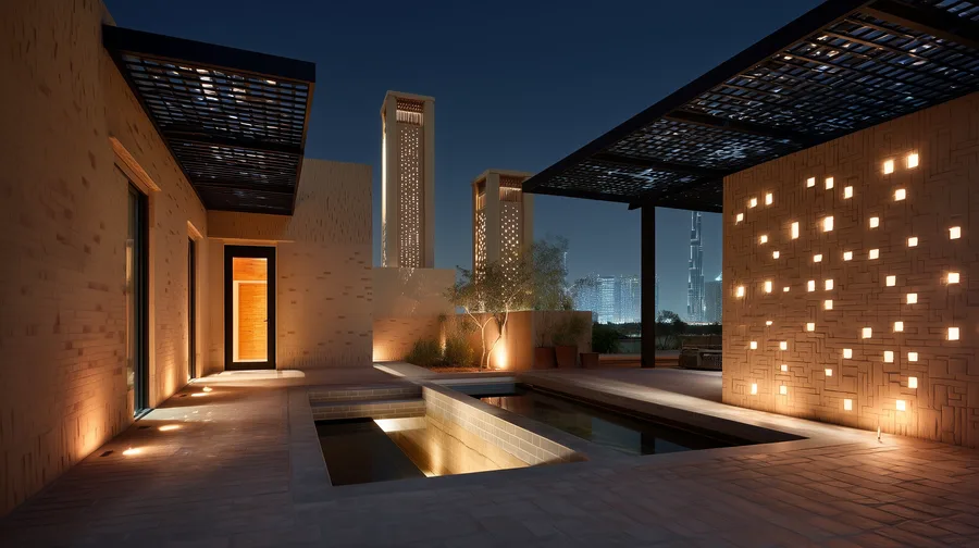 Interior: majlis hospitality room render with traditional Emirati floor-level seating, earth-plastered walls, Mashrabiya screen filtering daylight for privacy, and cultural design elements throughout