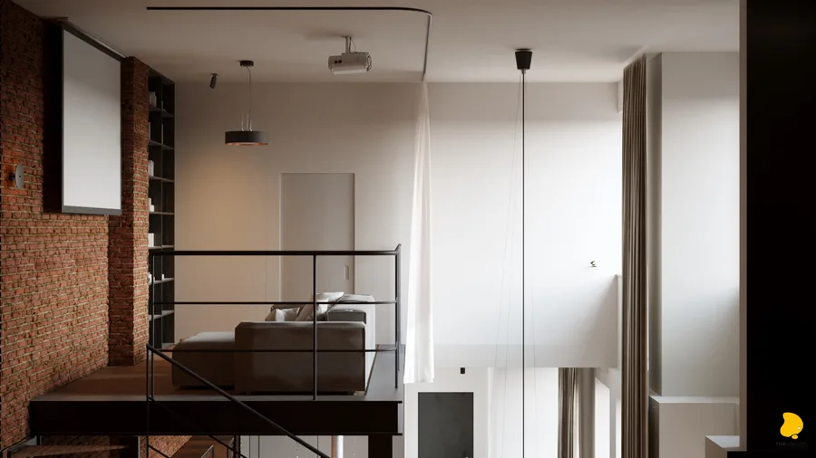 Mezzanine overview from landing showing steel railing, projector screen on brick wall, cinema sofa, sheer curtain divider, and chandelier wires descending to ground floor