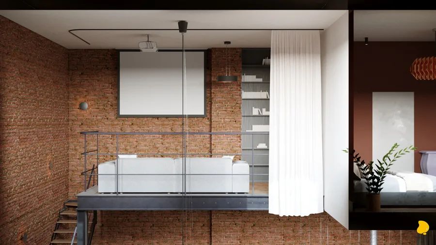Mezzanine wide view with cinema lounge and bedroom entrance visible through white sheer curtain, projector screen on brick wall, bookshelf, and terracotta bedroom beyond