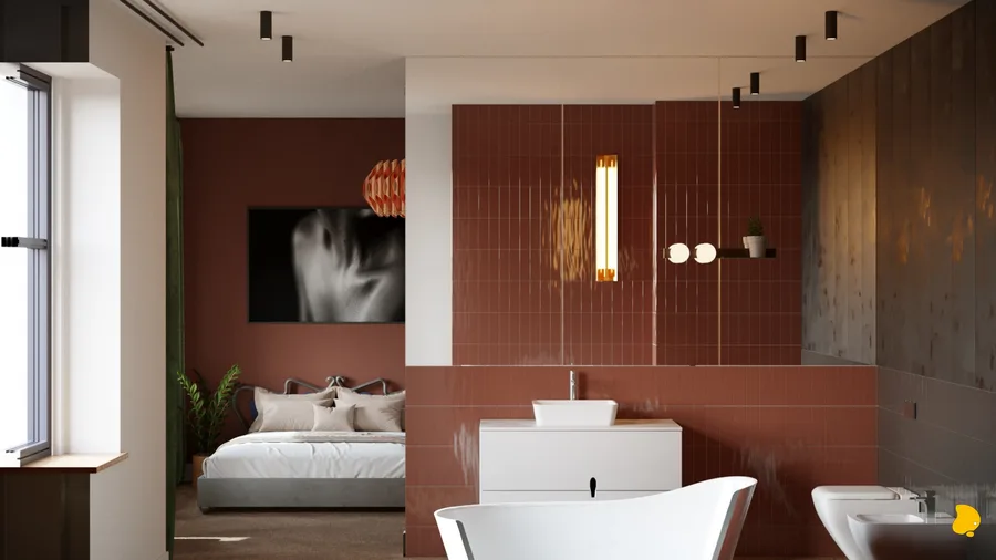Bedroom and bathroom panorama showing terracotta walls, origami pendant, bed with Art Nouveau headboard, tile partition column, vanity, freestanding bathtub, and botanical wallpaper