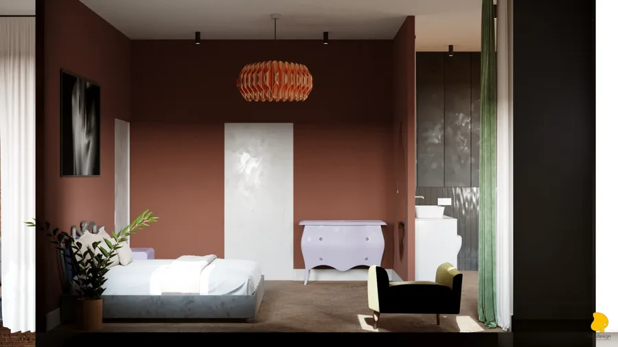 Bedroom wide angle with terracotta walls, origami pendant lamp, lilac baroque bombe chest, chartreuse wingback armchair, bed, and semi-open bathroom visible behind partition