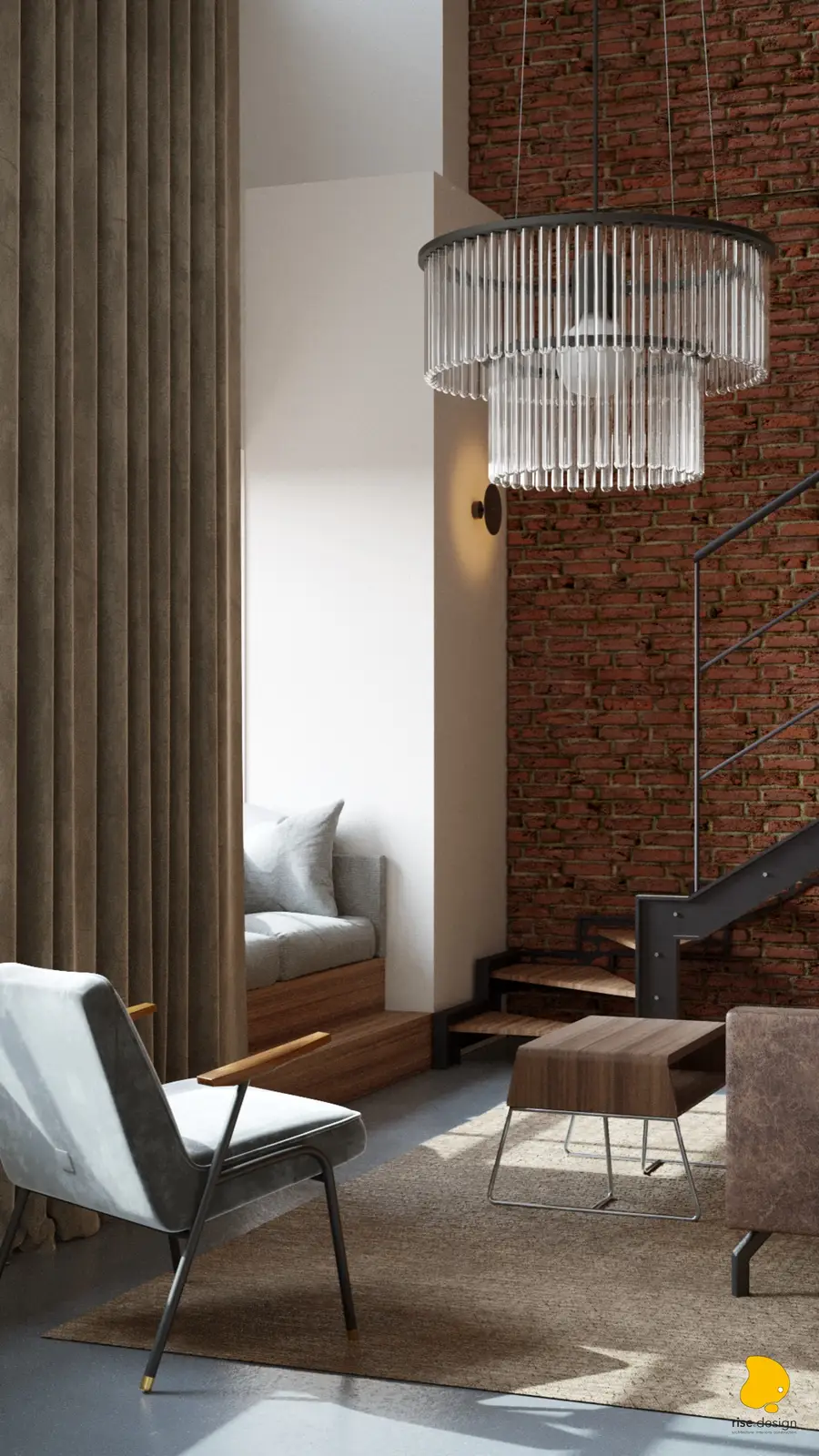 Living area with grey velvet armchair, Art Deco chandelier, built-in window seat nook with grey cushions, taupe curtains, and walnut coffee table