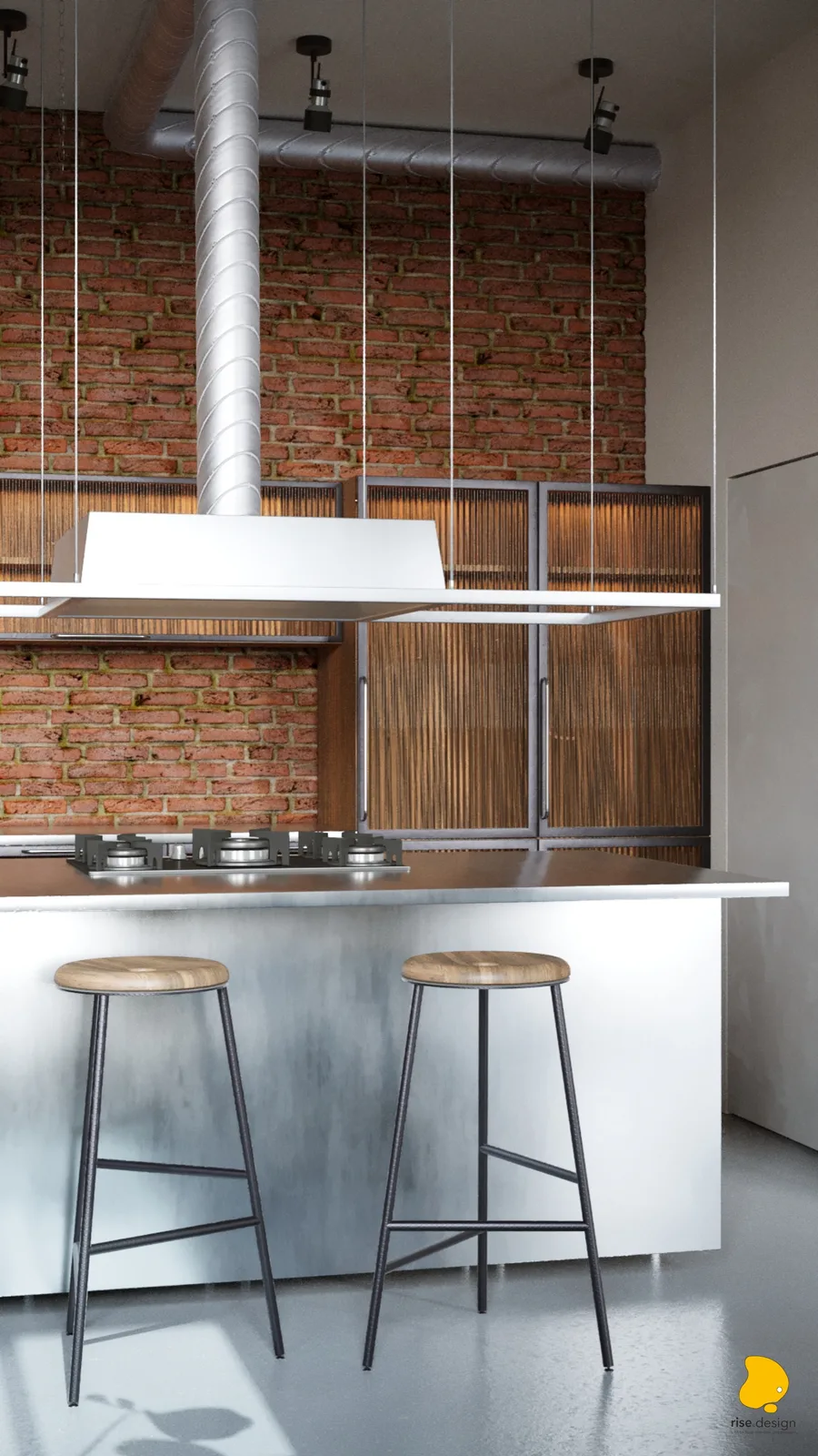 Kitchen island with two bar stools, suspended range hood, ribbed wood and black steel wall cabinets mounted on exposed brick with spiral ductwork above