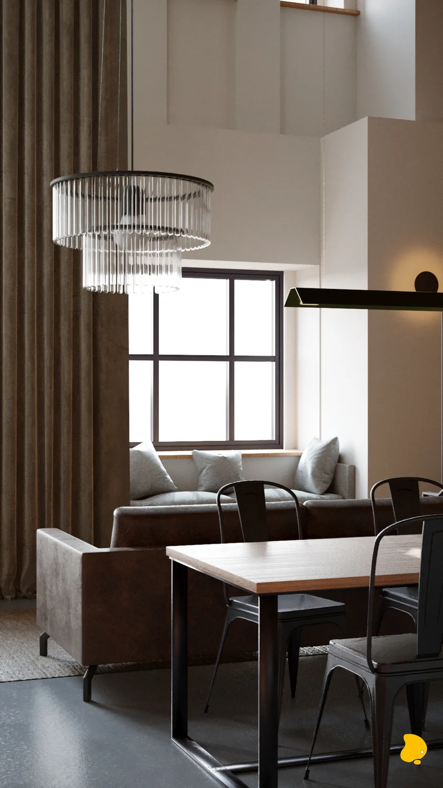 Living and dining area from window side showing Art Deco chandelier, Tolix chairs at oak table, leather sofa, and green pendant over counter