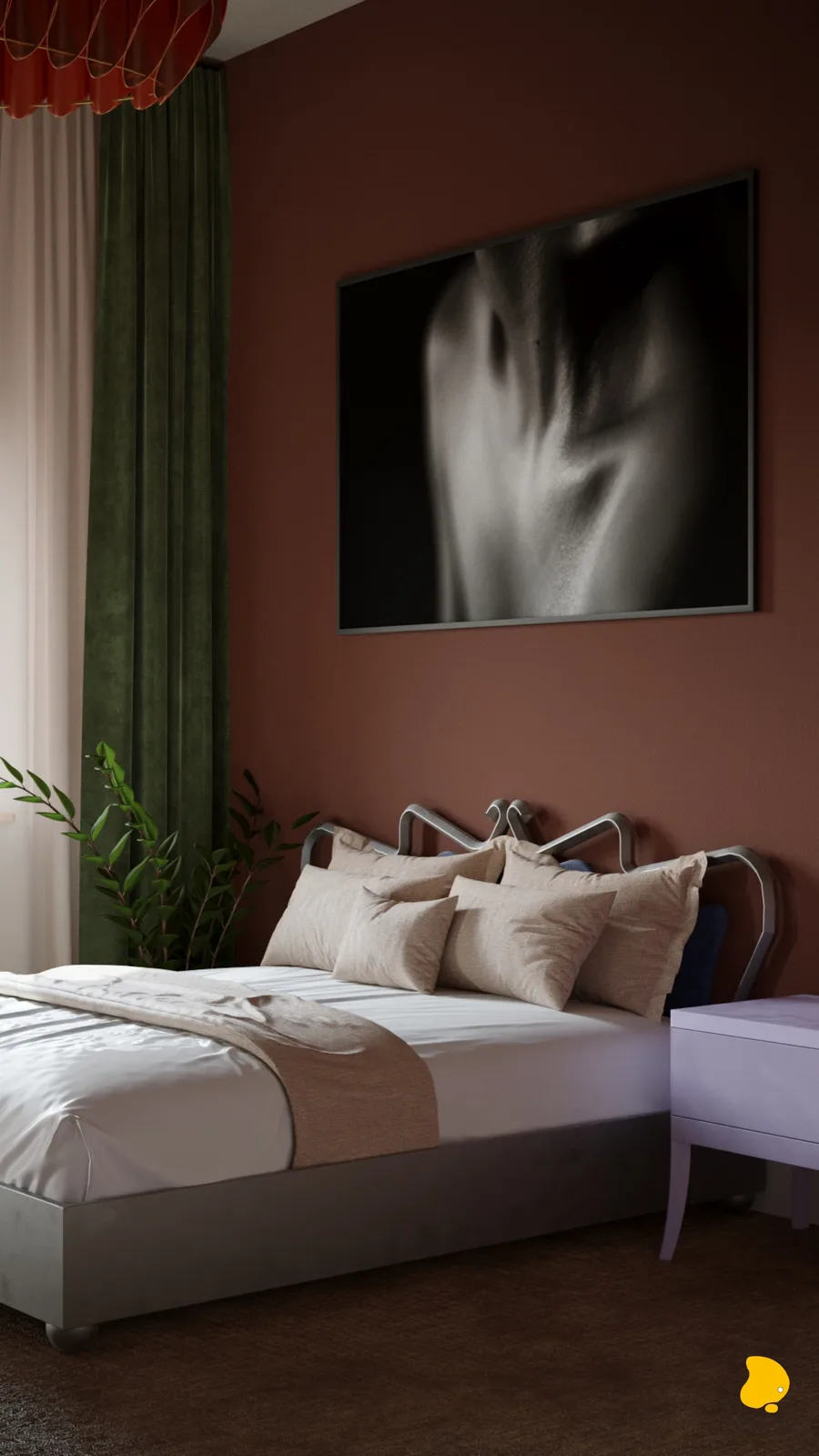 Bedroom with terracotta accent wall, black and white art photography, Art Nouveau chrome headboard, green velvet curtains, origami pendant lamp, and lilac nightstand