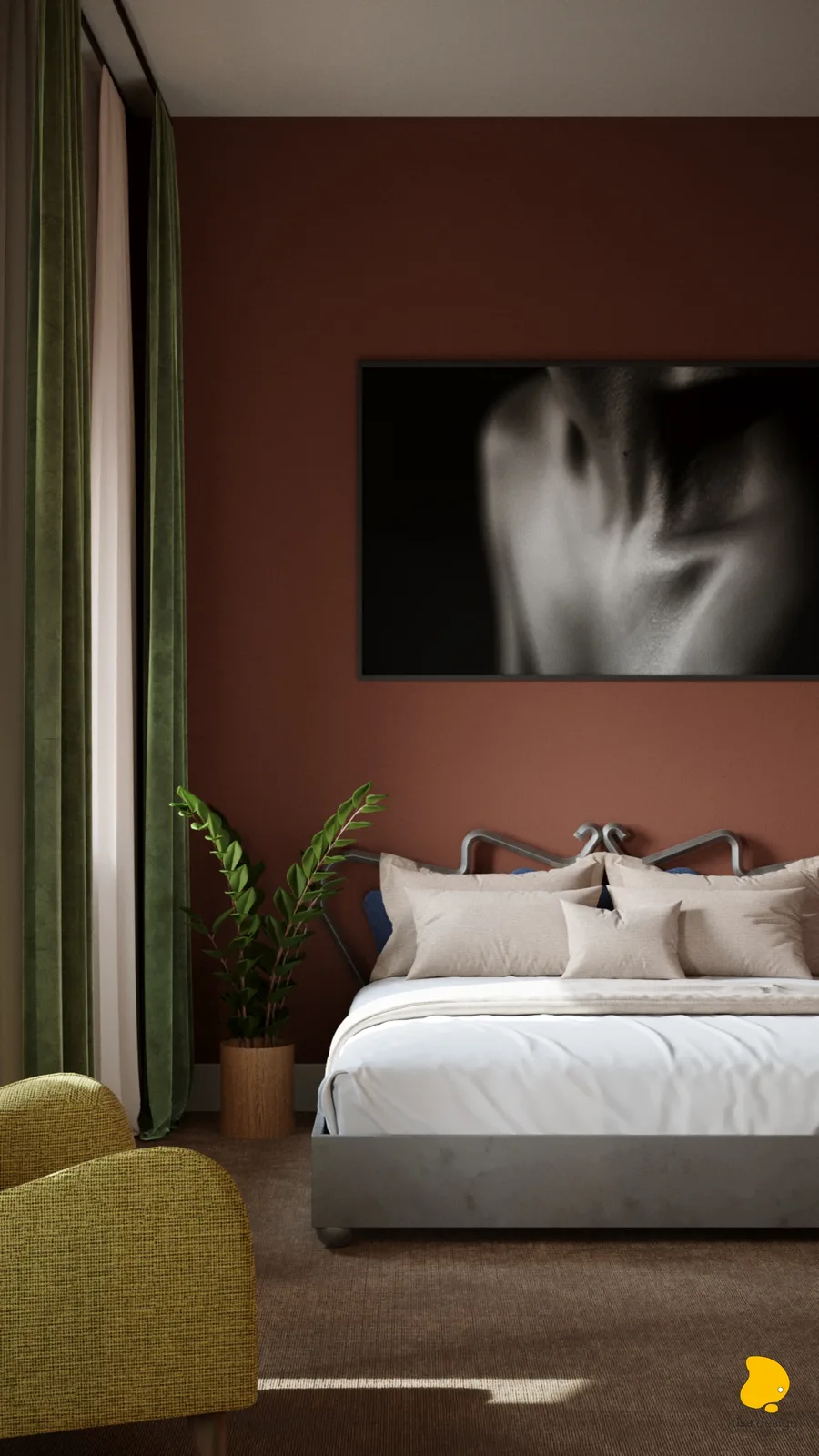 Bedroom wide view with terracotta walls, black and white art, bed with linen bedding, ZZ plant, chartreuse wingback armchair, and deep green curtains