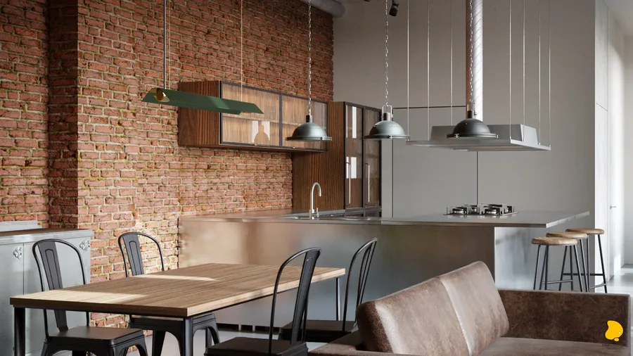 Kitchen and dining panorama with exposed brick wall, green pendant lamp, custom ribbed cabinets, three industrial dome pendants, range hood, and Tolix chairs