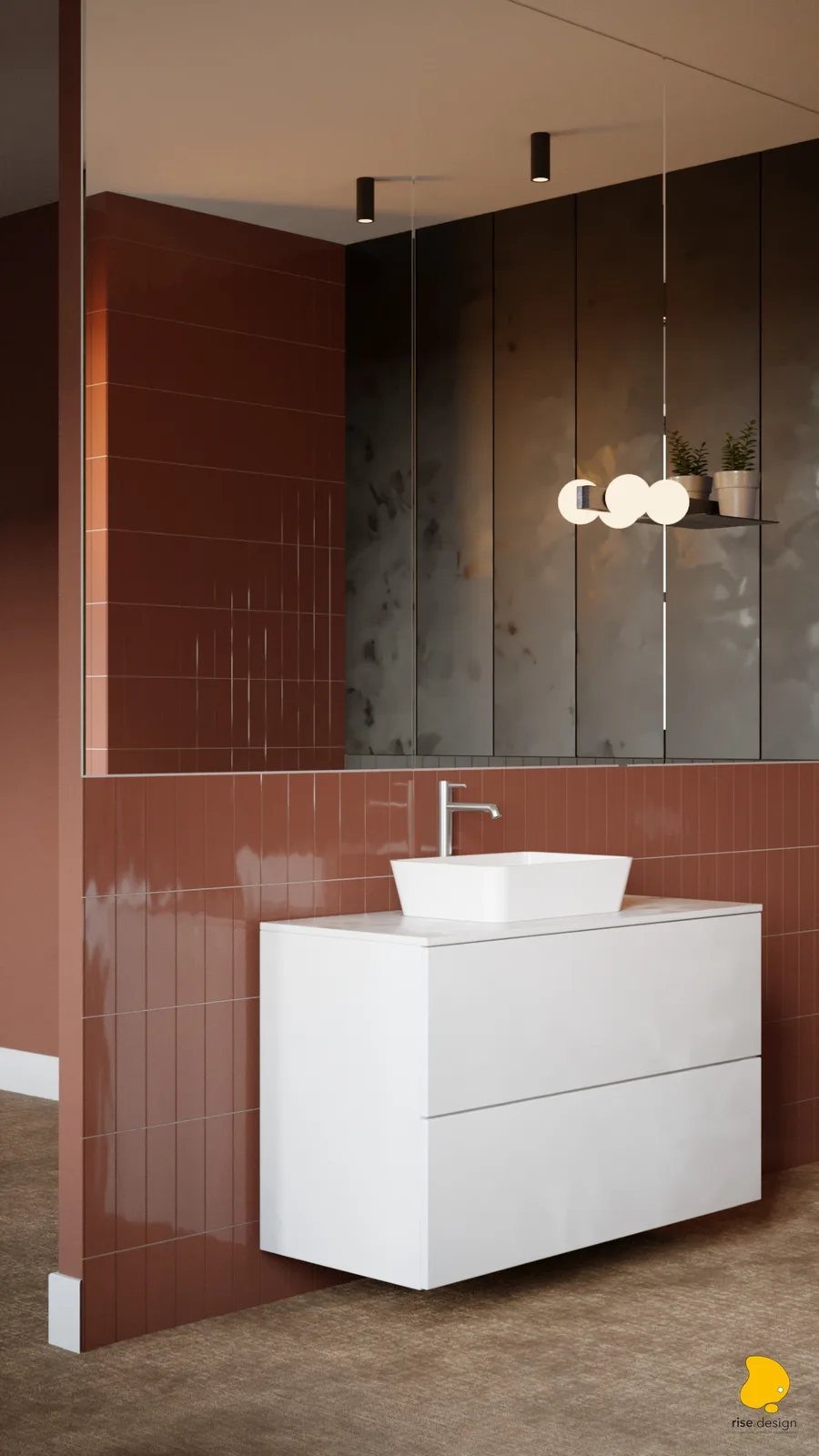 Bathroom vanity with terracotta glossy tiles in vertical stack bond, white floating unit, vessel sink, dark botanical wallpaper reflected in mirror, and triple-globe sconce