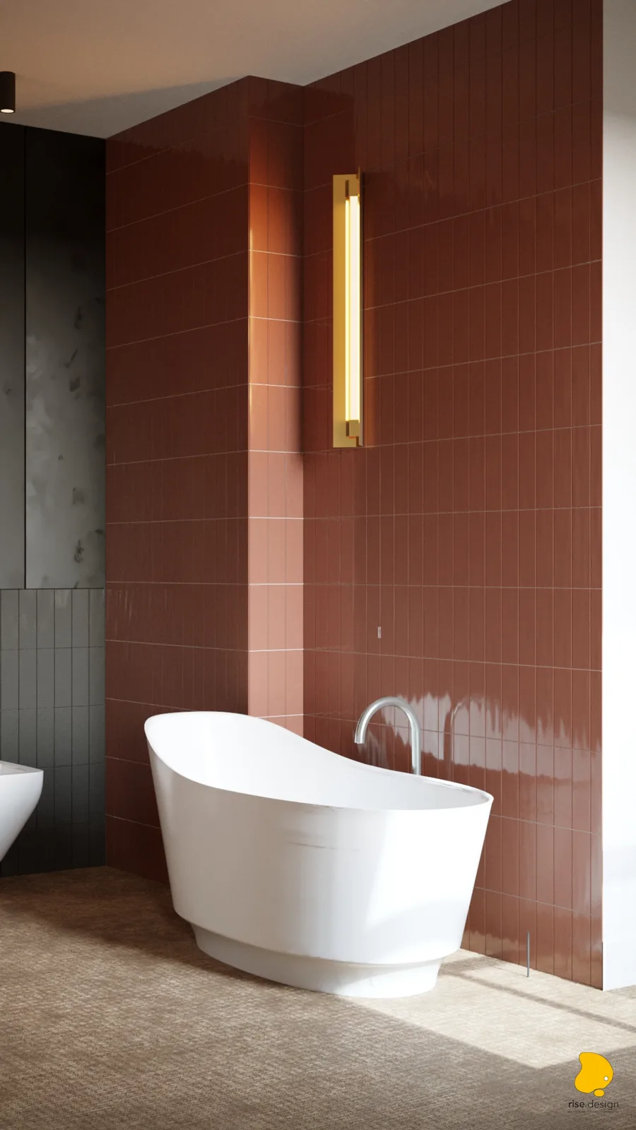 Freestanding slipper bathtub against terracotta tile wall with brass vertical wall sconce, dark botanical panels, and textured carpet flooring
